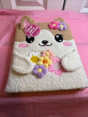 Cute Furry Floral Puppy Sketchbook - Cream & Tan with Pastel Flowers